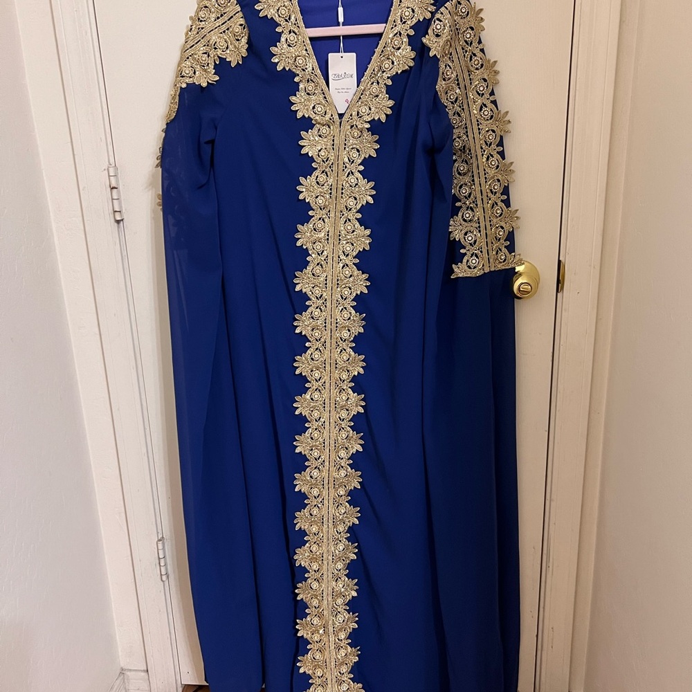 Elegant Blue and Gold Women's Dress - Picture 4 of 14